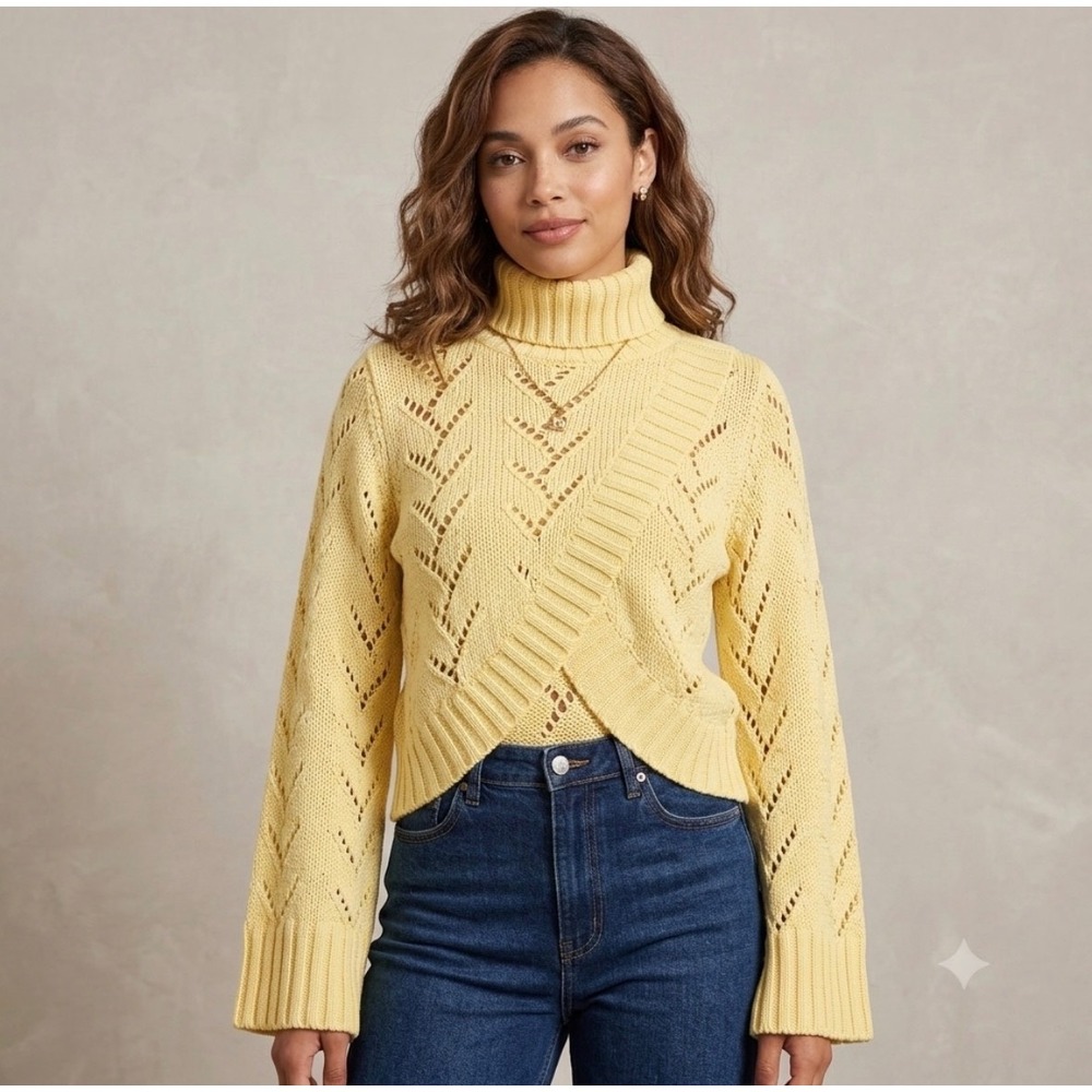 Vintage Bebe Turtleneck Sweater Womens M Yellow Crossover Pointelle Knit Cropped